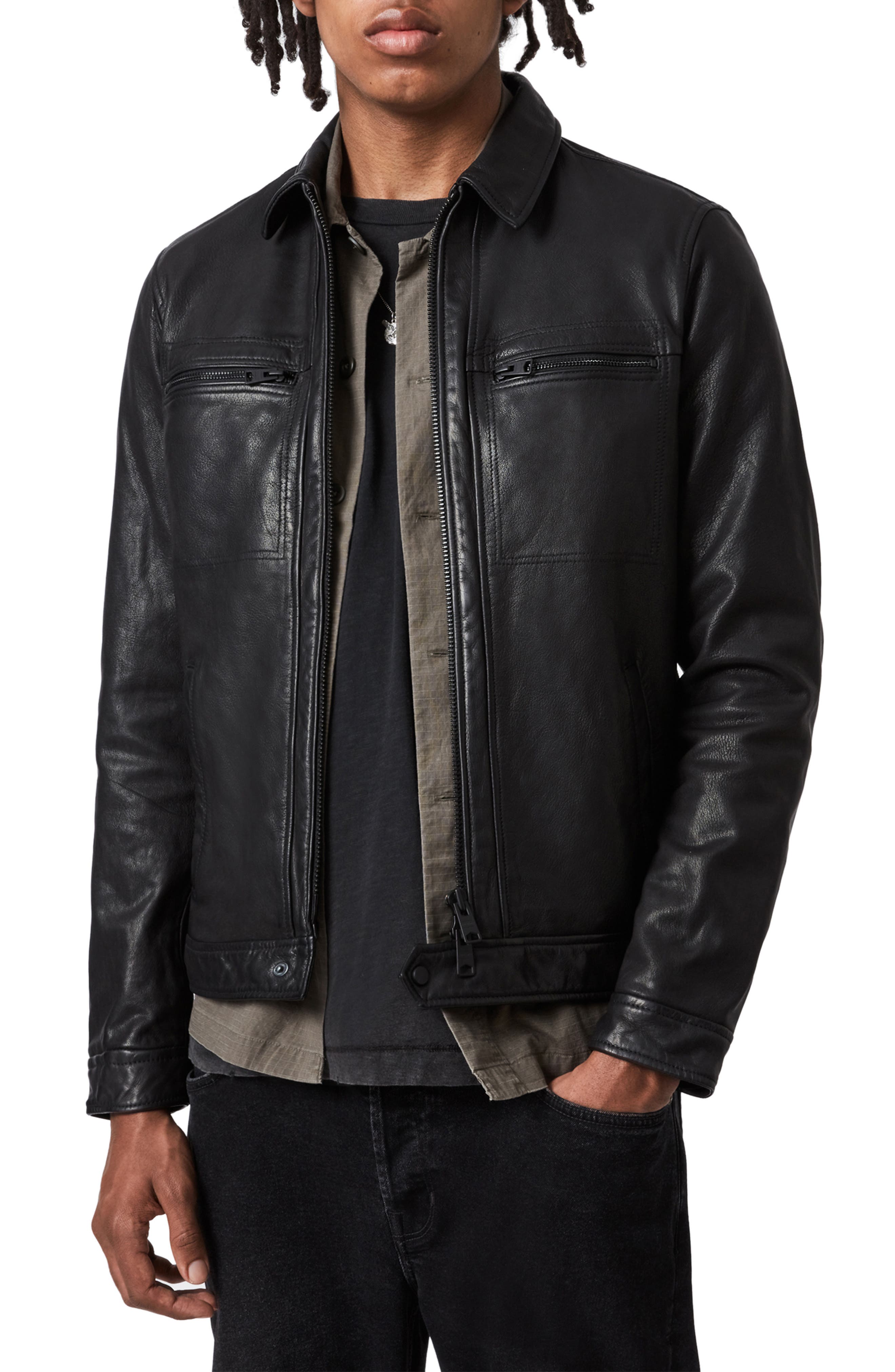 Polo Collar Mens Classic Black Genuine Leather Jacket in 